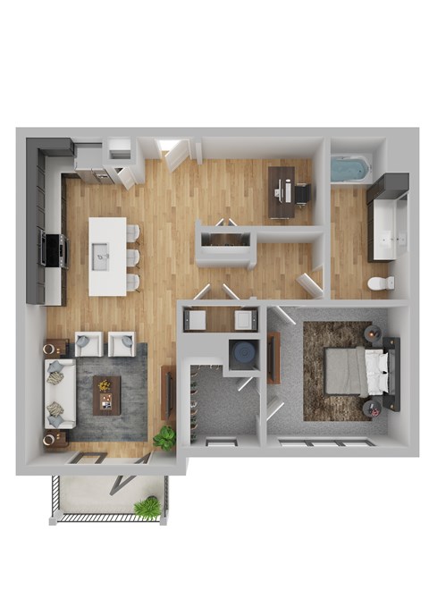 A top down view of a house layout with a kitchen, living room, dining room, and bathroom.